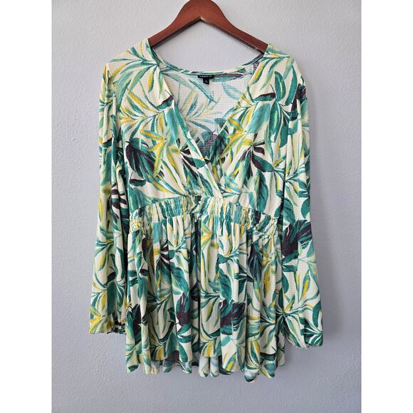 Torrid Babydoll Surplice Puff Sleeve Knit Top 2X Tropical Leafy Print Boho Flowy - Picture 4 of 9